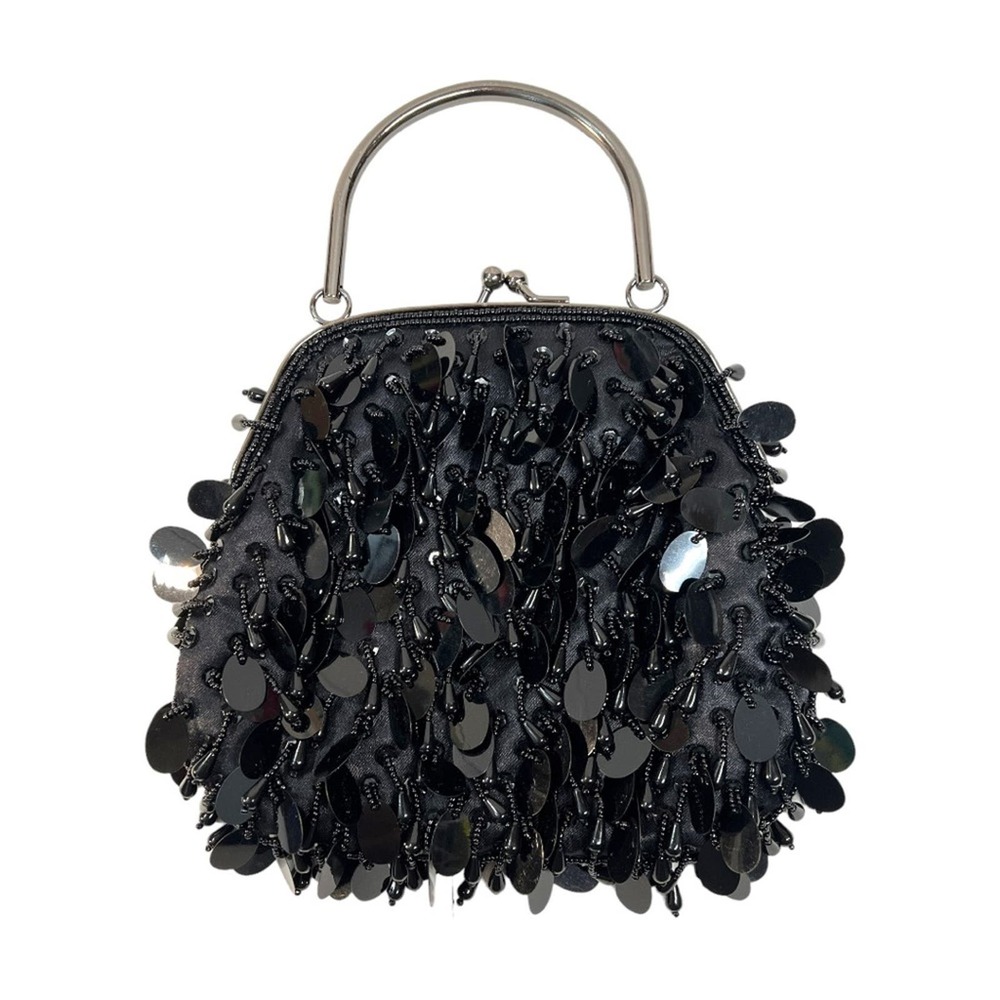 LOFT Black Bead and Sequin Satin Embellished Evening Clutch Pewter hardware NWOT - Picture 11 of 11